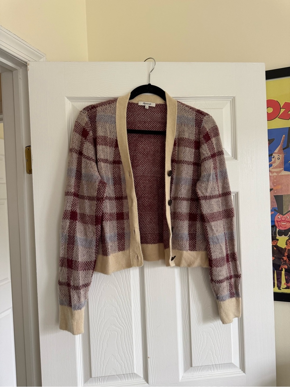Madewell Plaid Knit Cardigan Sweater in Beige and Burgundy